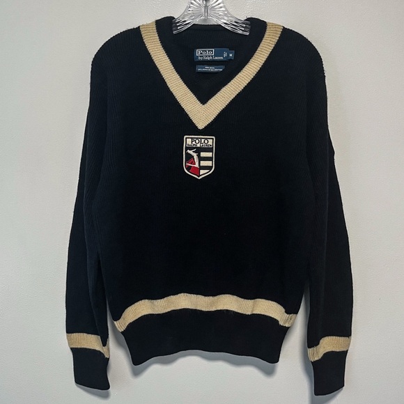 VTG Polo Ralph Lauren Jump Patrol Ski Black 100% Wool Sweater Varsity Stripe M